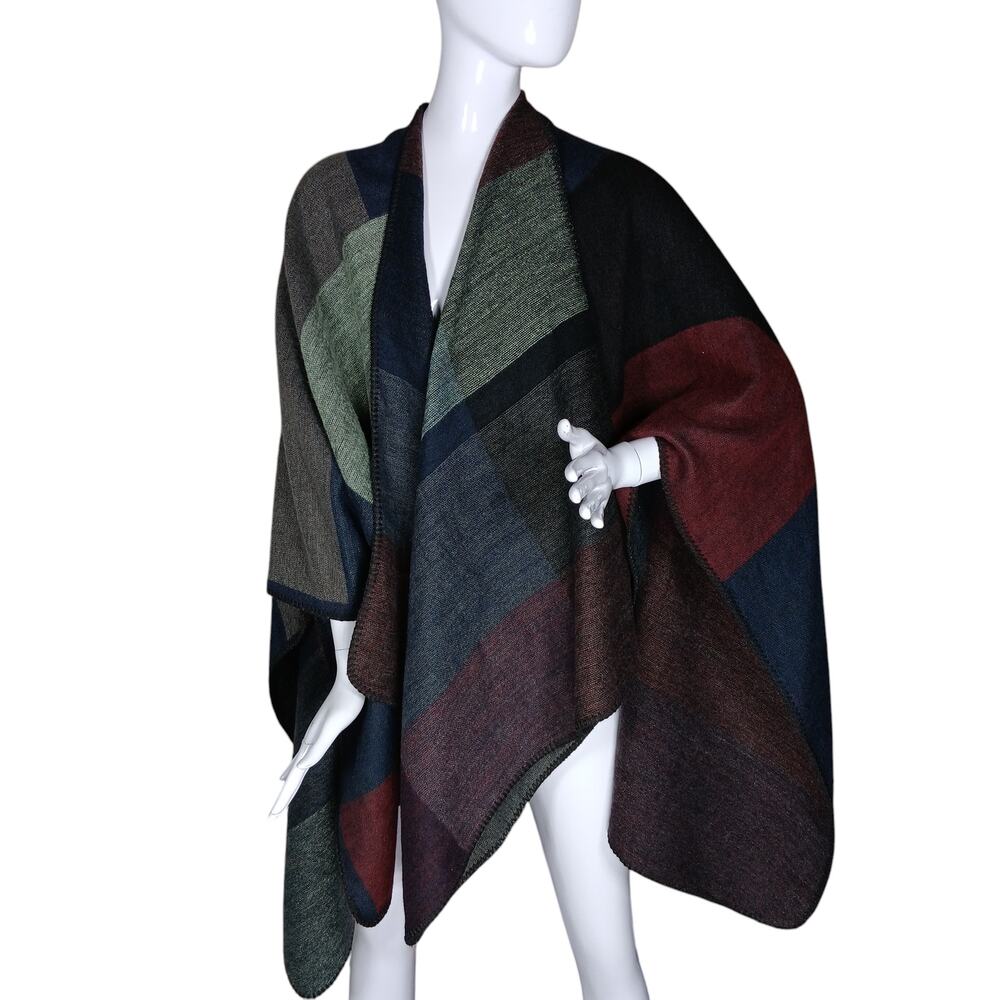 Just Fab Wrap/Poncho Colorblock Blue Black Burgundy One Size Fits Most Knit